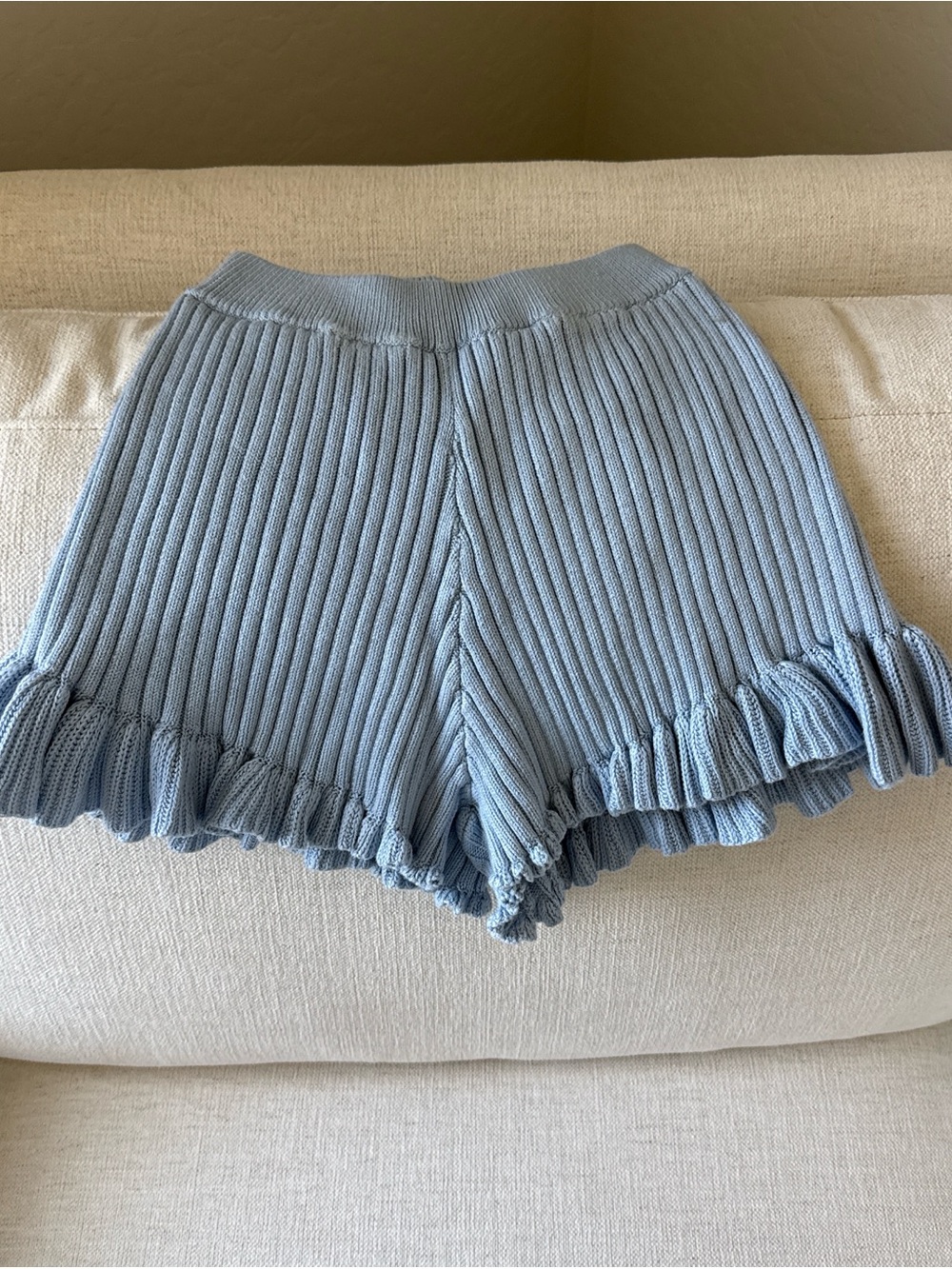 LPA Light Blue Ribbed High-Waist Ruffle Hem Shorts